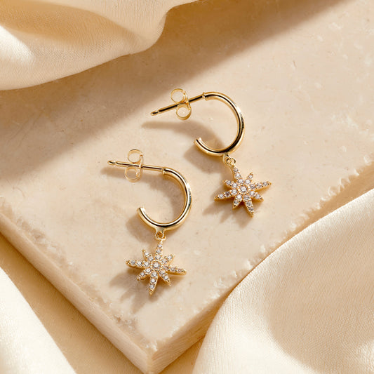 9ct Gold CZ North Star Hanging Earrings