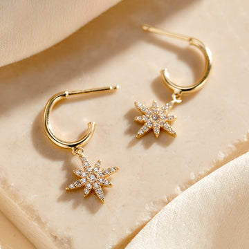 9ct Gold CZ North Star Hanging Earrings